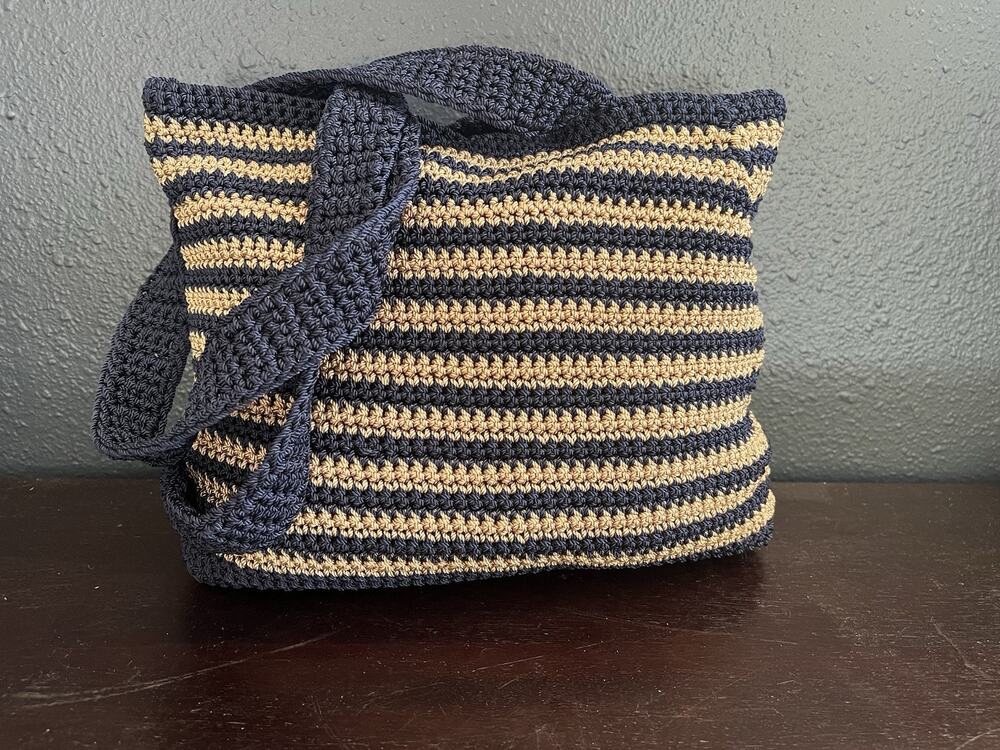 Hand Crocheted Navy Tan Striped Tote Bag Beach Market Shopper Handmade